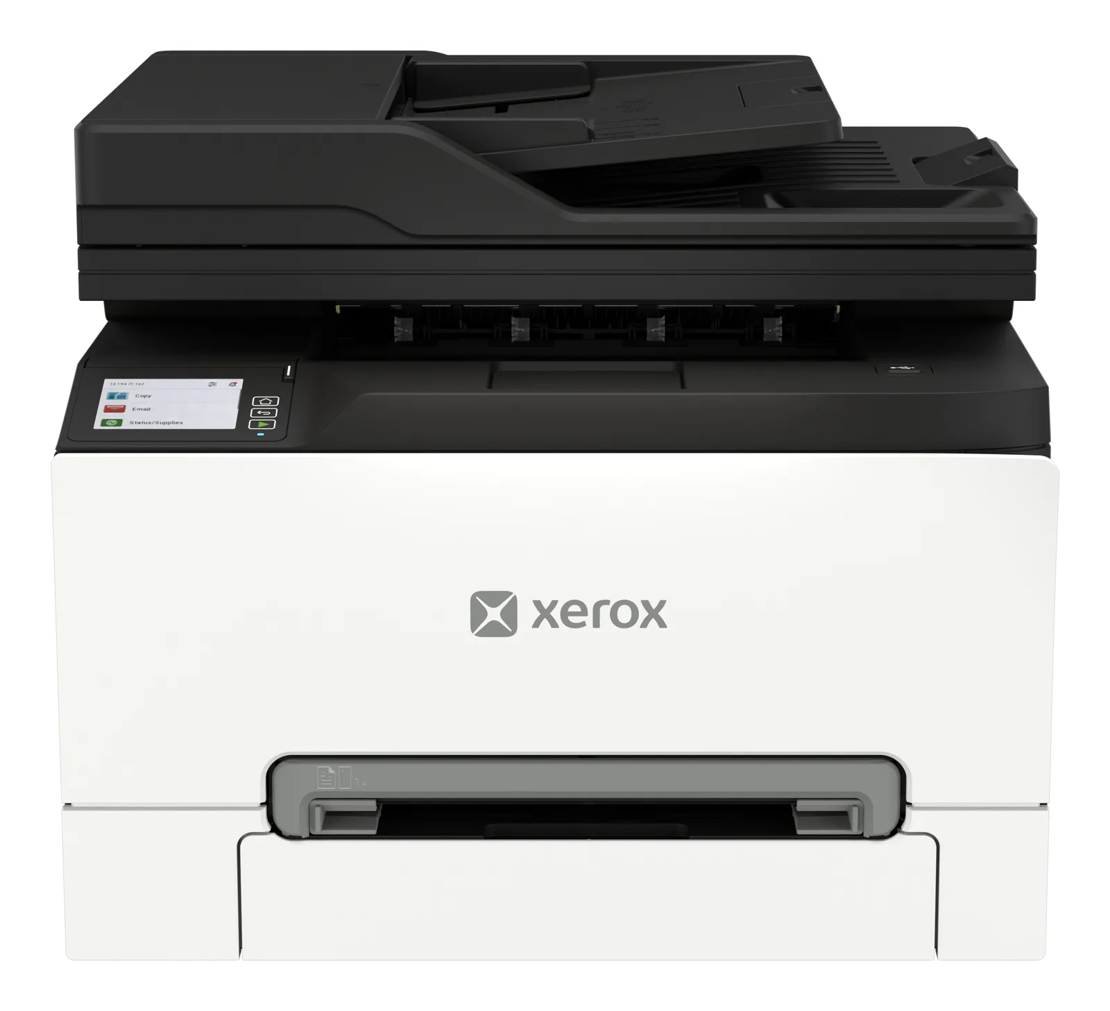 Xerox C255a – pohled zepředu s podavačem dokumentů a dotykovým panelem