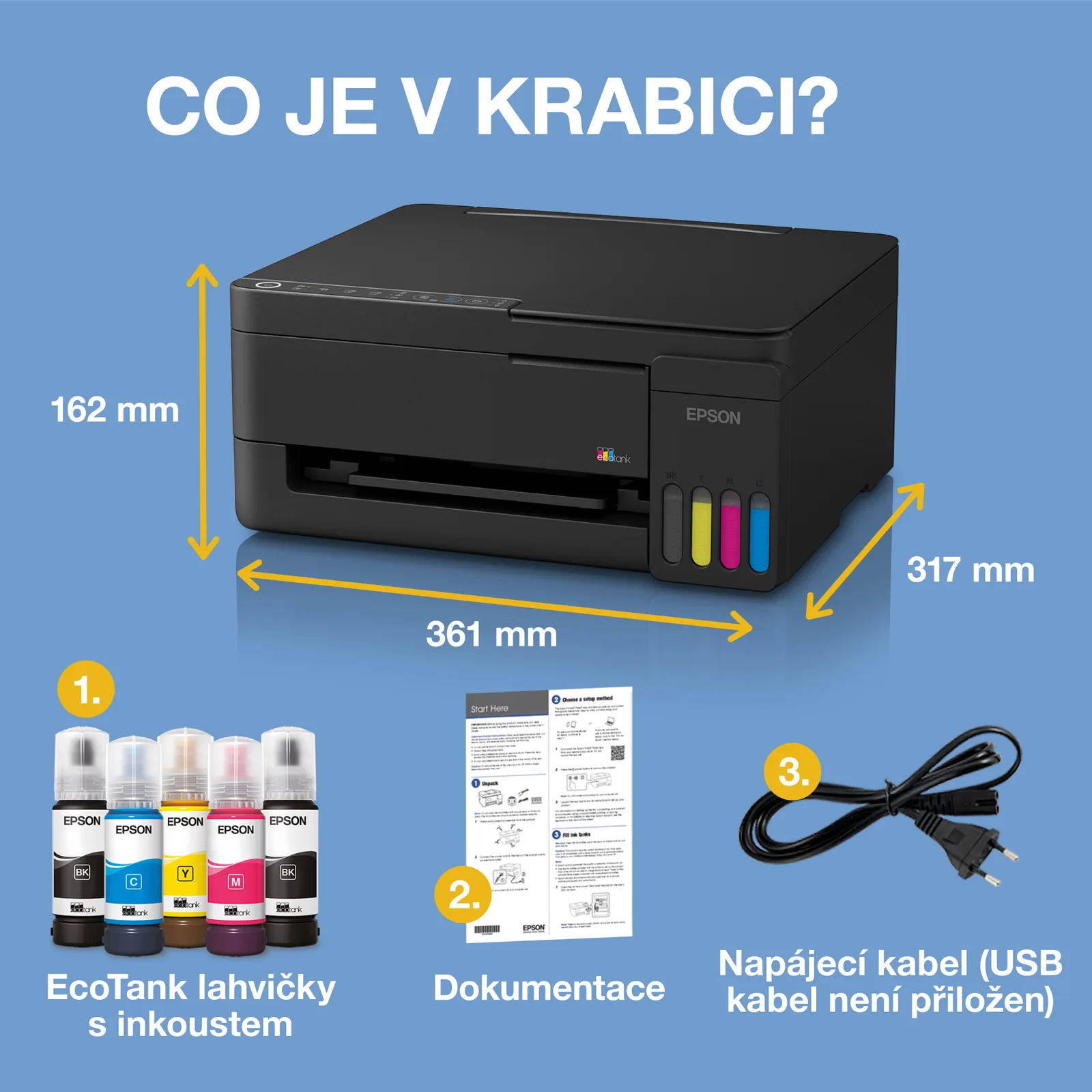 Epson EcoTank L3351 – rozměry 361 × 317 × 162 mm a obsah balení (USB kabel není přiložen)