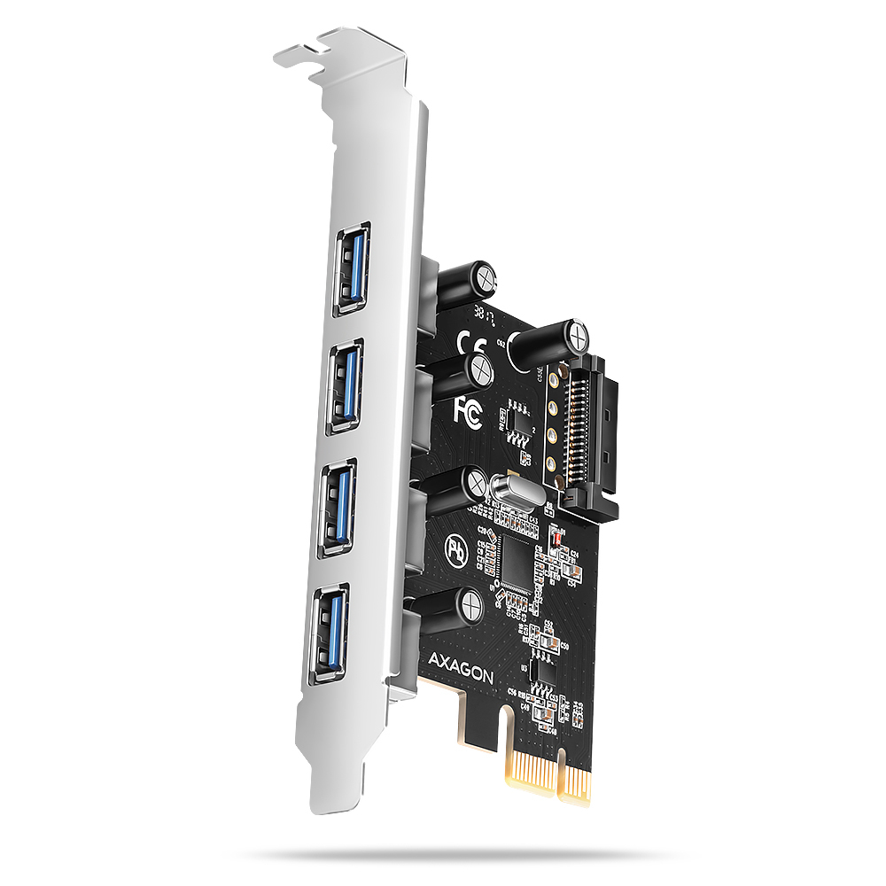 AXAGON PCEU-430RS, PCIe řadič, 4x USB 5Gbps port, SATA napájení, Renesas PD72020