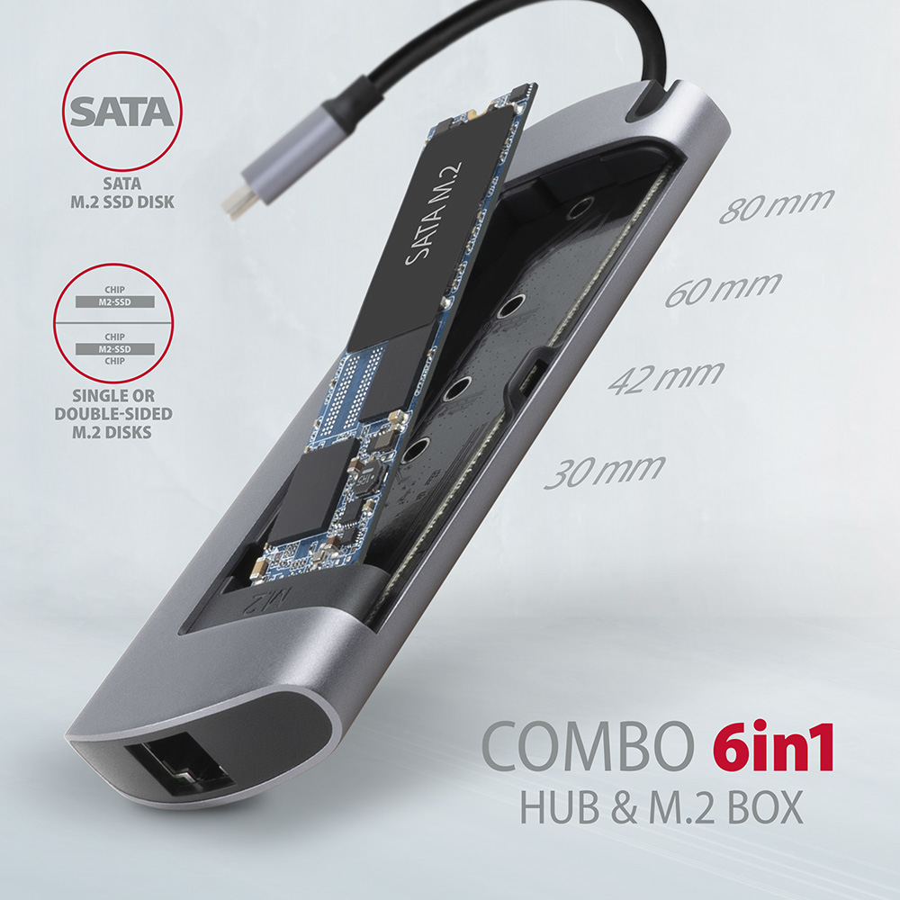 AXAGON HMC-6M2, USB 3.2 Gen 1 hub, porty 2x USB-A, HDMI, RJ-45 GLAN, SATA M.2 sl