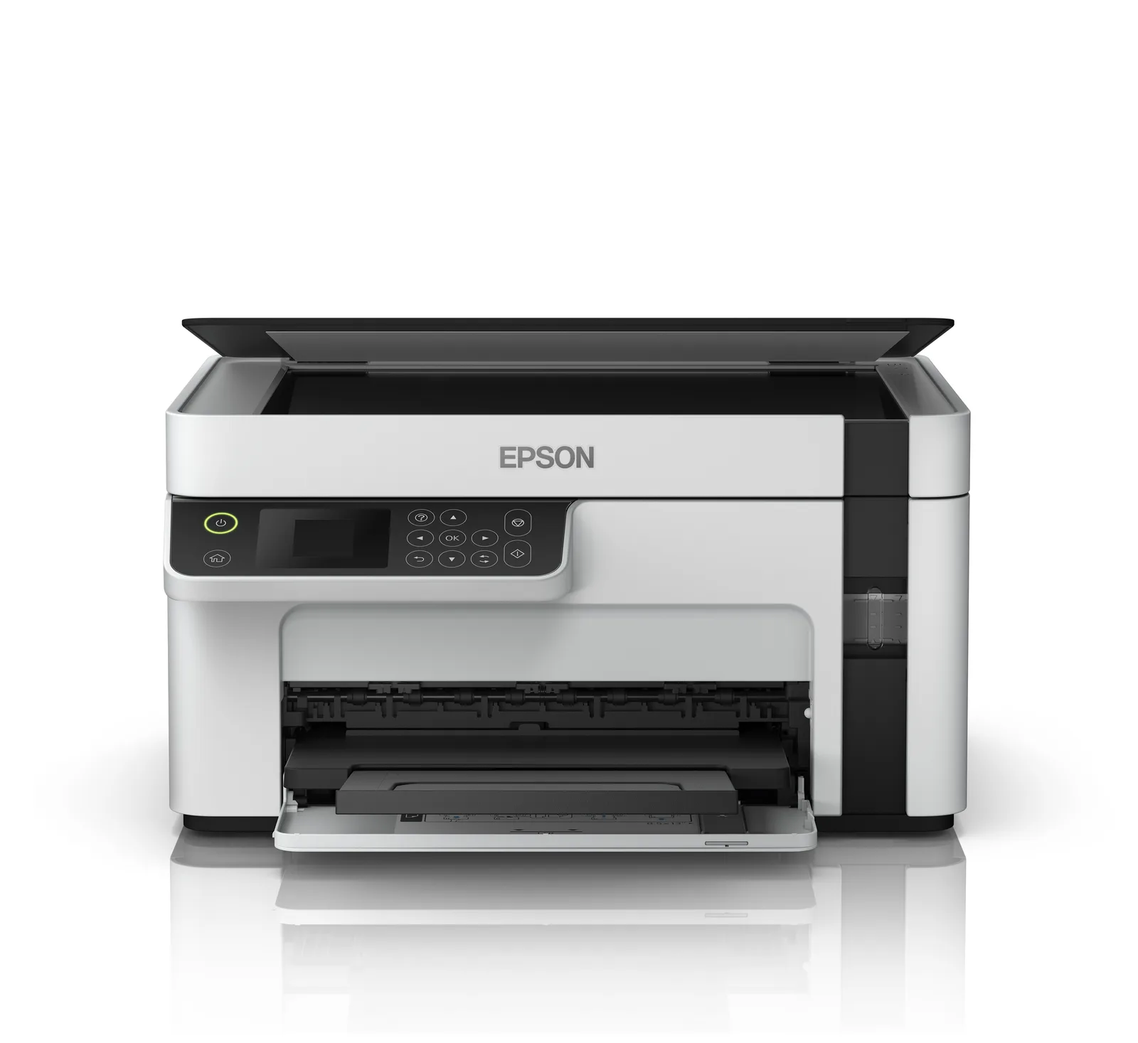 Epson EcoTank M2120 – přední zásobník papíru, inkoustová nádržka na boku přední strany
