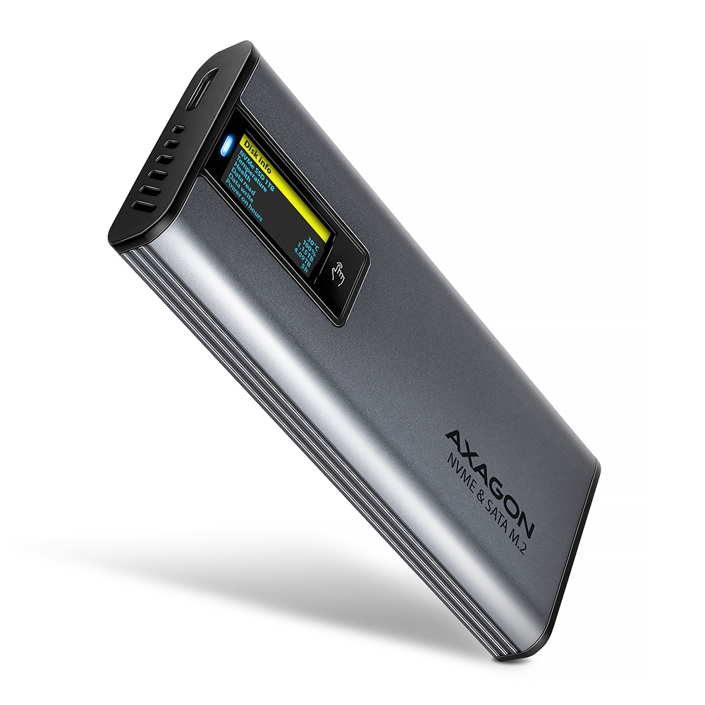 AXAGON EEM2-SD2, USB-C 10Gbps externí box s displejem pro M.2 NVMe/SATA SSD, bez