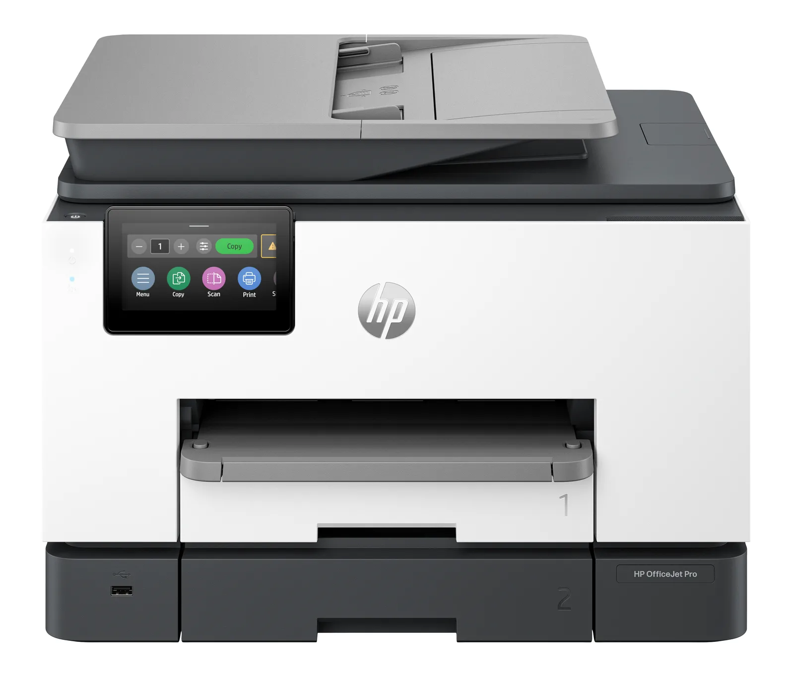 HP OfficeJet Pro 9132e – top document feeder, touchscreen display and two paper trays