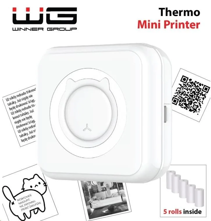 WG Mini – thermal printer with print samples and 5 rolls of paper in the package
