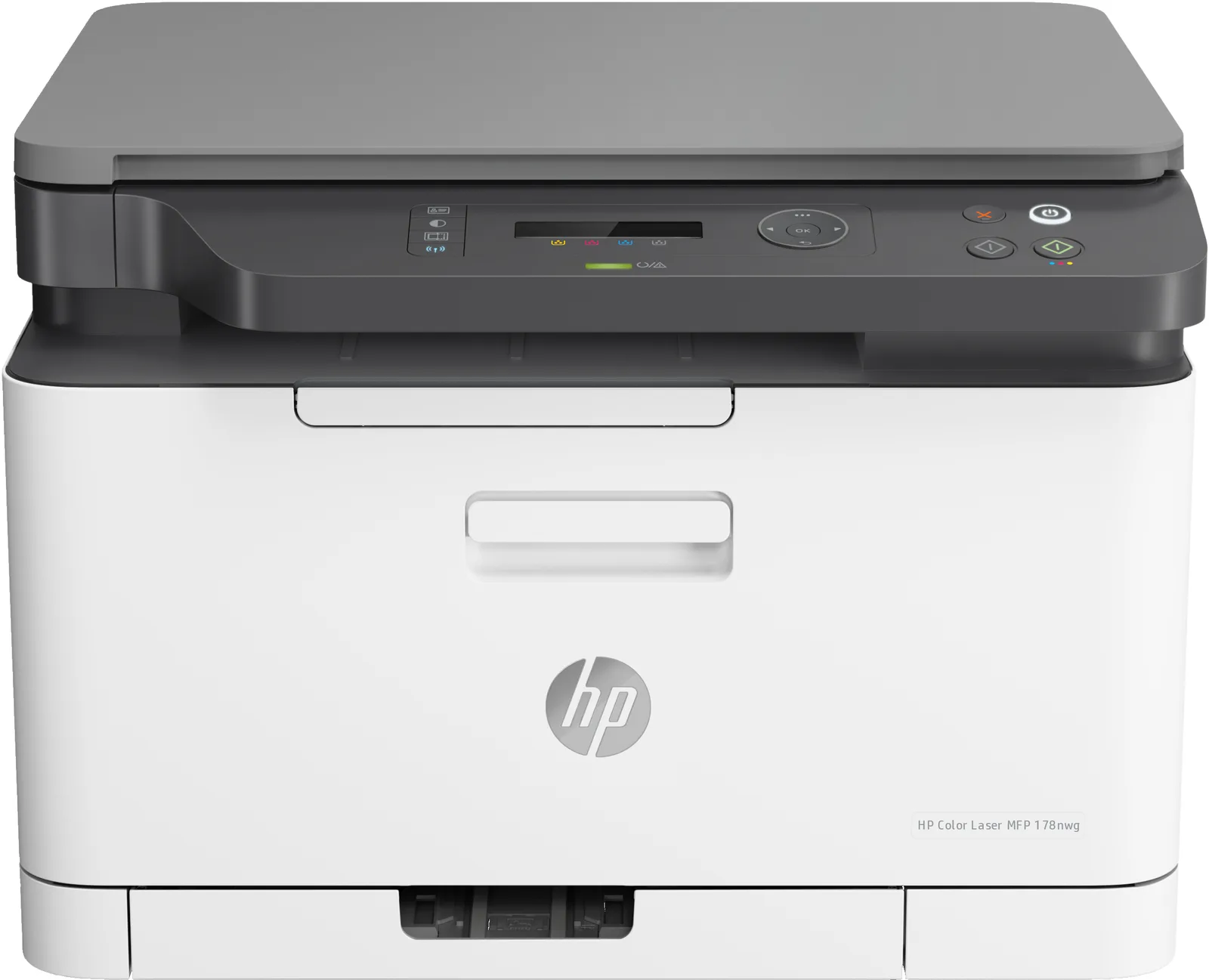 HP Color Laser MFP 178nw – plochý skener nahoře, ovládací panel s dvouřádkovým LCD a zásobník na 150 listů