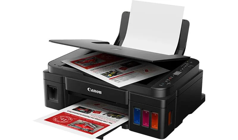 Canon PIXMA G3410 – integrované nádržky inkoustu vpředu, plochý skener nahoře