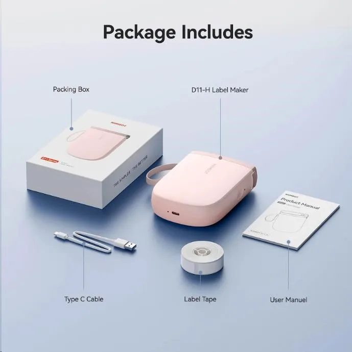 NIIMBOT D11-H – obsah balení: tiskárna, kabel USB-C, role štítků a návod