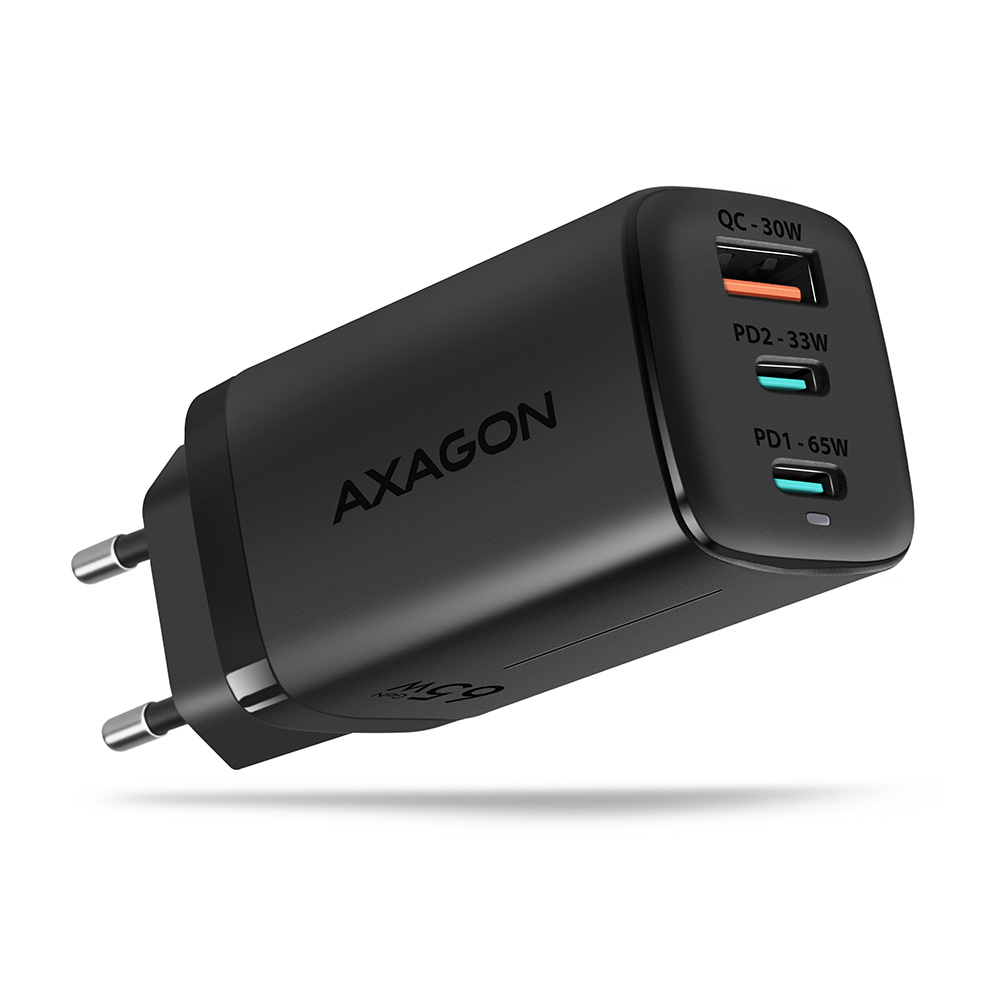 AXAGON ACU-DPQ65, GaN nabíječka do sítě 65W, 3x port (USB-A + dual USB-C), PD3.0