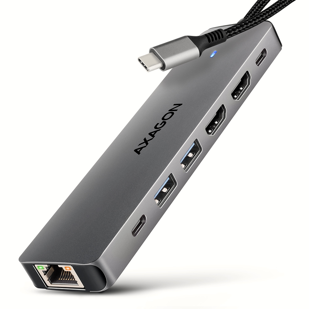 AXAGON HMC-7HX2, USB 5Gbps hub, 2x USB-A, USB-C, 2x HDMI 4k/60Hz, RJ-45 GLAN, PD