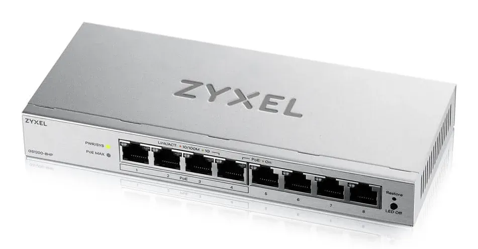 Zyxel GS1200-8HP 8-port Desktop Gigabit Web Smart switch, 4x PoE 802.3at, PoE budget 60W, fanless