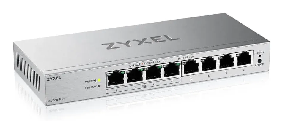 Zyxel GS1200-8HP 8-port Desktop Gigabit Web Smart switch, 4x PoE 802.3at, PoE budget 60W, fanless
