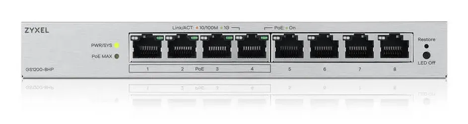 Zyxel GS1200-8HP 8-port Desktop Gigabit Web Smart switch, 4x PoE 802.3at, PoE budget 60W, fanless