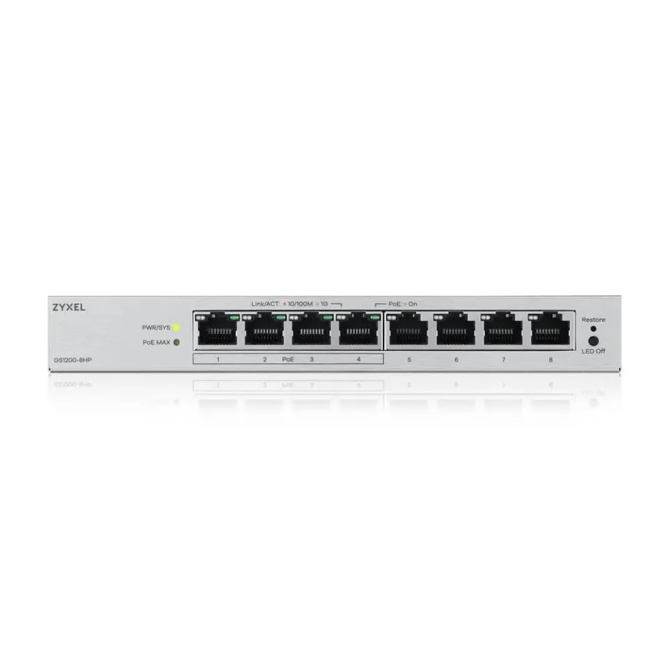 Zyxel GS1200-8HP 8-port Desktop Gigabit Web Smart switch, 4x PoE 802.3at, PoE budget 60W, fanless