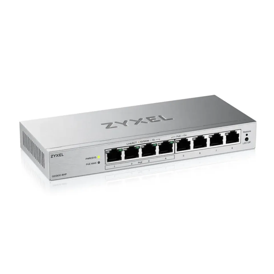 Zyxel GS1200-8HP 8-port Desktop Gigabit Web Smart switch, 4x PoE 802.3at, PoE budget 60W, fanless