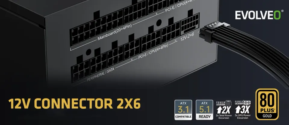 EVOLVEO G1000 zdroj 1000W, 80+ GOLD, ATX 3.1, PCIe 5.1, aPFC, 140mm ventilátor,