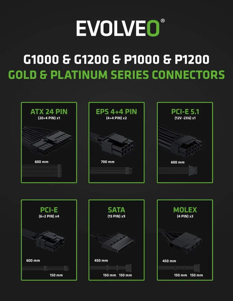 EVOLVEO G1000 zdroj 1000W, 80+ GOLD, ATX 3.1, PCIe 5.1, aPFC, 140mm ventilátor,
