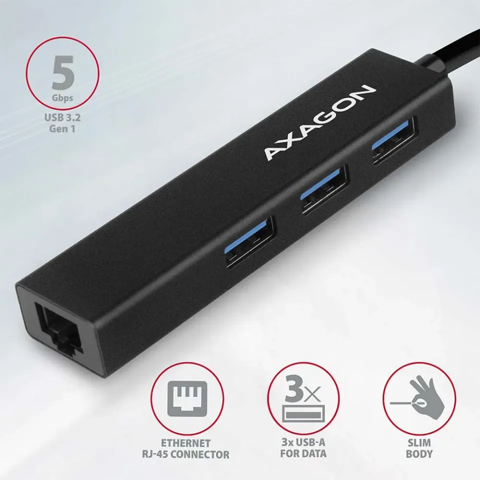 AXAGON HMA-GL3A, USB 3.2 Gen 1 hub, porty 3x USB-A + Gigabit Ethernet, kovový, k