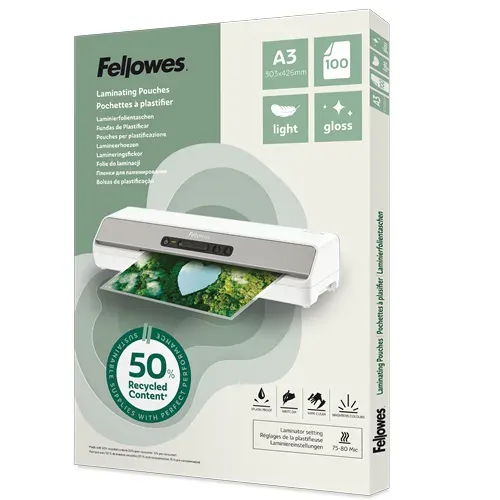 Laminovací fólie Fellowes A3 80 mic z recyklovaného materiálu (50%), lesklé