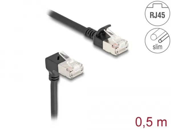Delock Síťový kabel RJ45 Cat.6A S/FTP, Slim, zalomený dolů o 90° / přímý, 0,5 m,