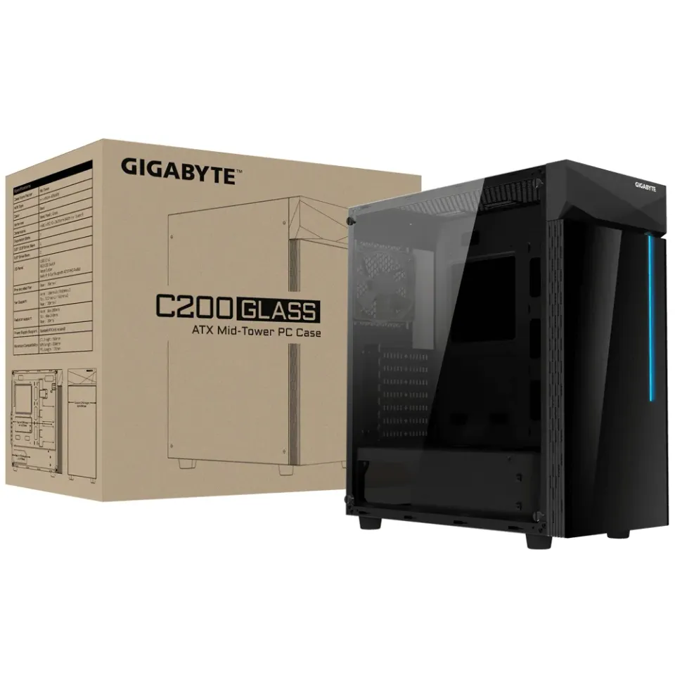 GIGABYTE skrín case GB-C200G, RGB Lighting, bez zdroje, transparentní bok, Mid t