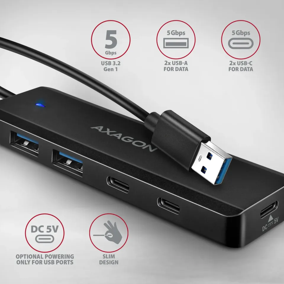 AXAGON HUE-C2A, 4× USB 5Gbps TRAVEL hub, 2× USB-A + 2× USB-C, USB-C napájení, ka