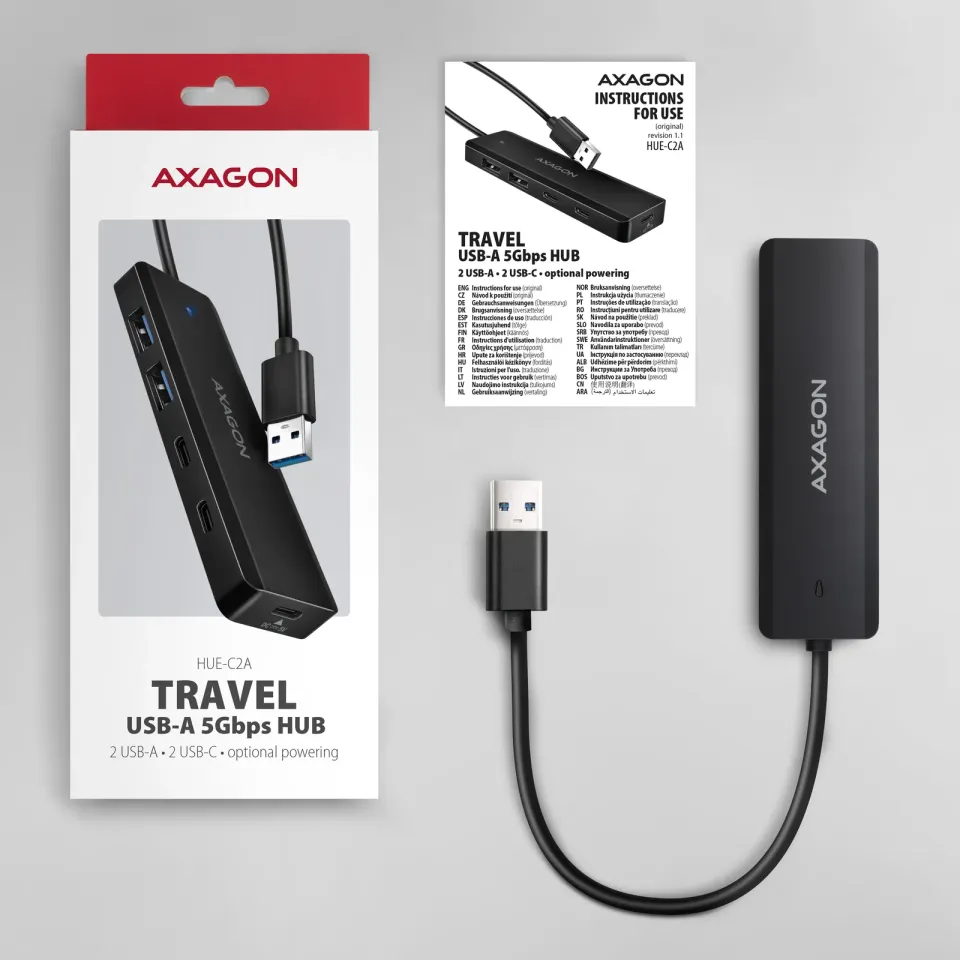 AXAGON HUE-C2A, 4× USB 5Gbps TRAVEL hub, 2× USB-A + 2× USB-C, USB-C napájení, ka