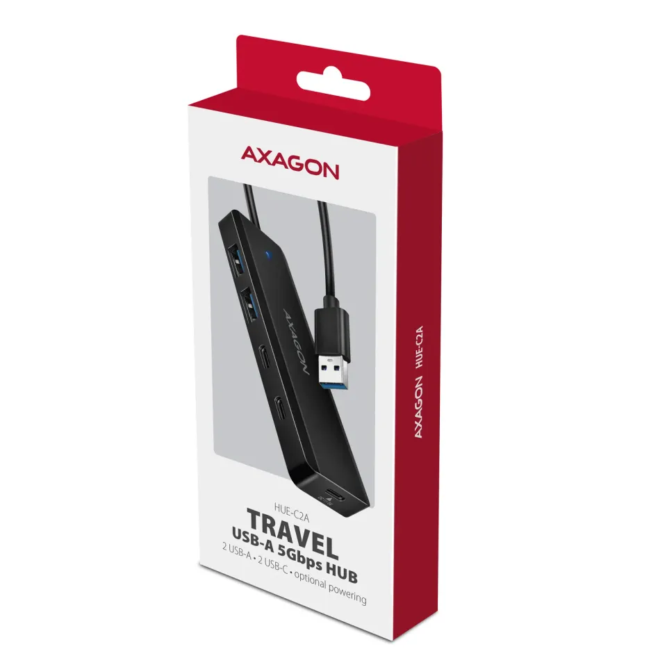 AXAGON HUE-C2A, 4× USB 5Gbps TRAVEL hub, 2× USB-A + 2× USB-C, USB-C napájení, ka