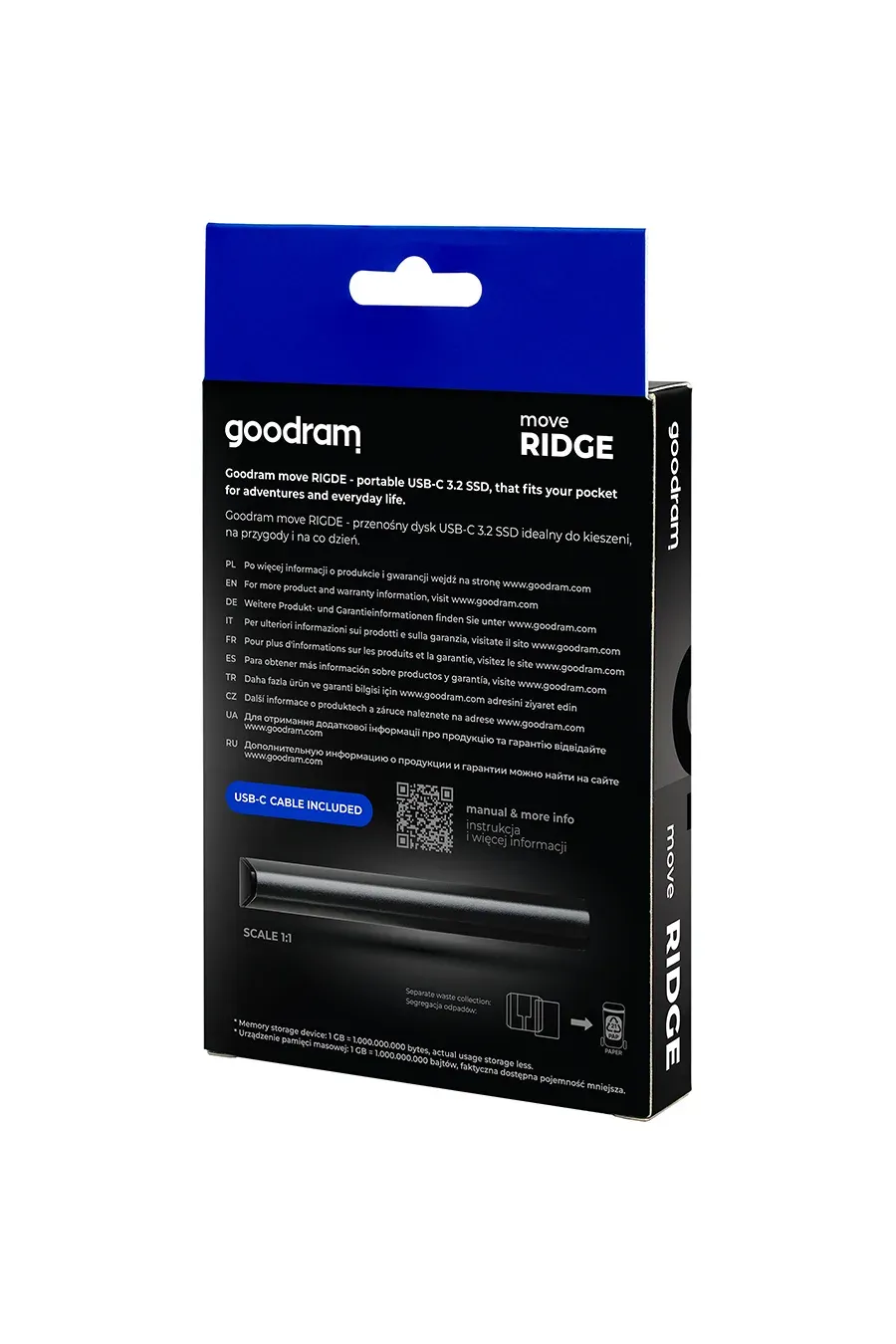 GOODRAM externí SSD Move Ridge 1TB, USB-C 3.2 Gen2x2, (R:2000/W:2000MB/s), černá