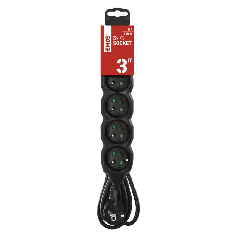 EMOS prodlužovací přívod, černý, 5z/3m, 1,0mm