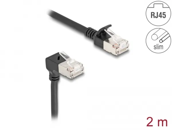 Delock Síťový kabel RJ45 Cat.6A S/FTP, Slim, zalomený dolů o 90° / přímý, 2 m, č