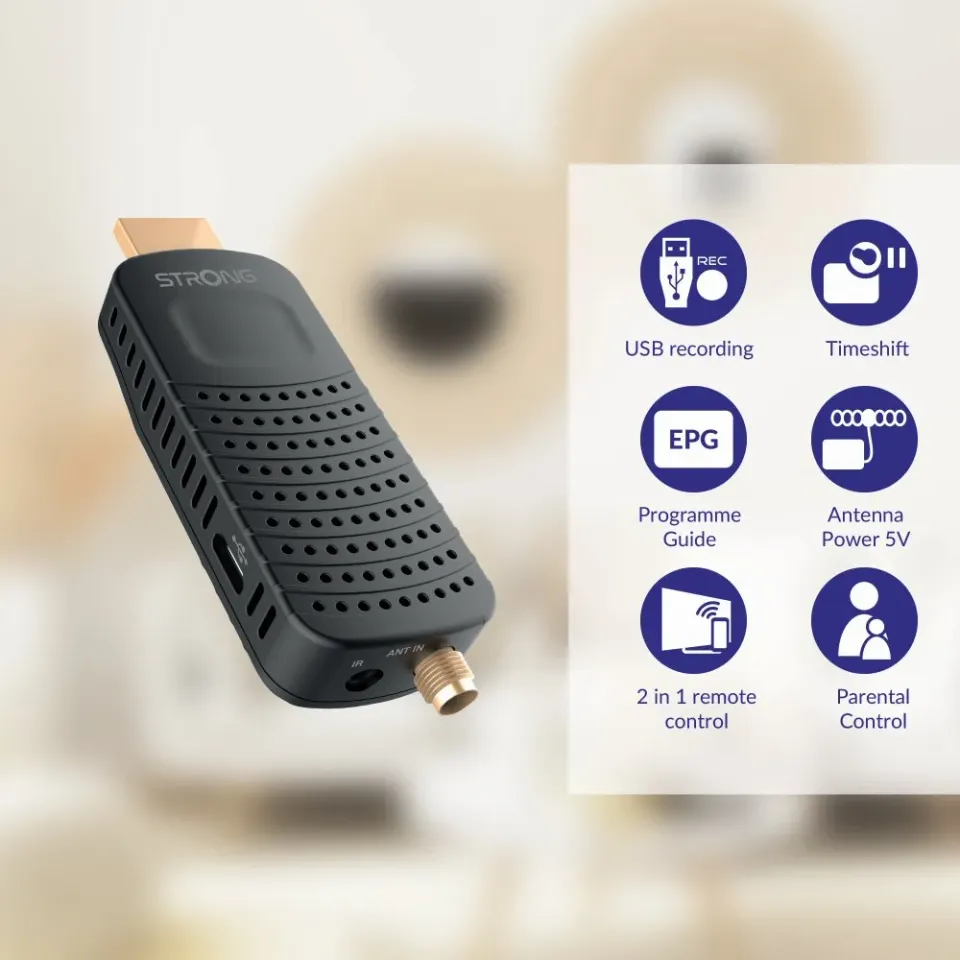 STRONG DVB-T/T2 tuner HDMI stick SRT 84/ Full HD/ H.265/HEVC/ externí anténa/ EPG/ PVR/ HDMI/ USB/ micro USB/ IR/ černý