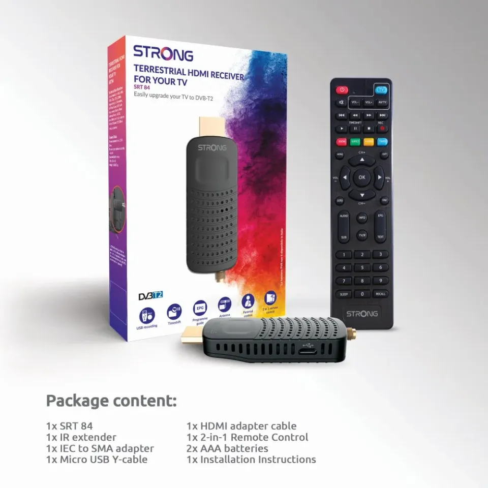 STRONG DVB-T/T2 tuner HDMI stick SRT 84/ Full HD/ H.265/HEVC/ externí anténa/ EPG/ PVR/ HDMI/ USB/ micro USB/ IR/ černý