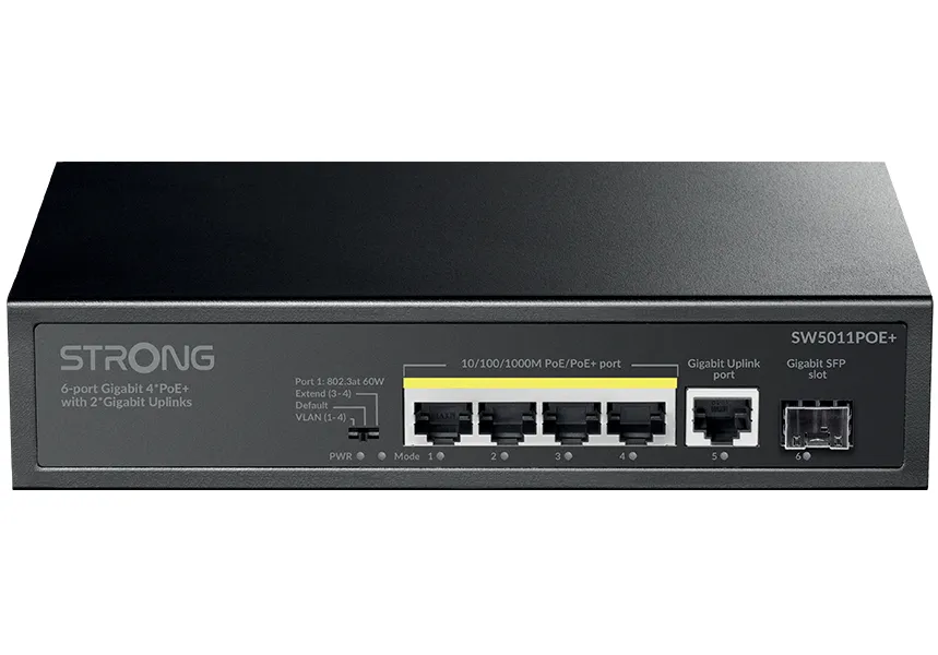 STRONG switch SW5011POE+/ 4x port Gigabit POE+/ 1x Ggabit Uplink port/ 1x Gigabit port SFP/ IEEE802.3af/at/ kovové šasi