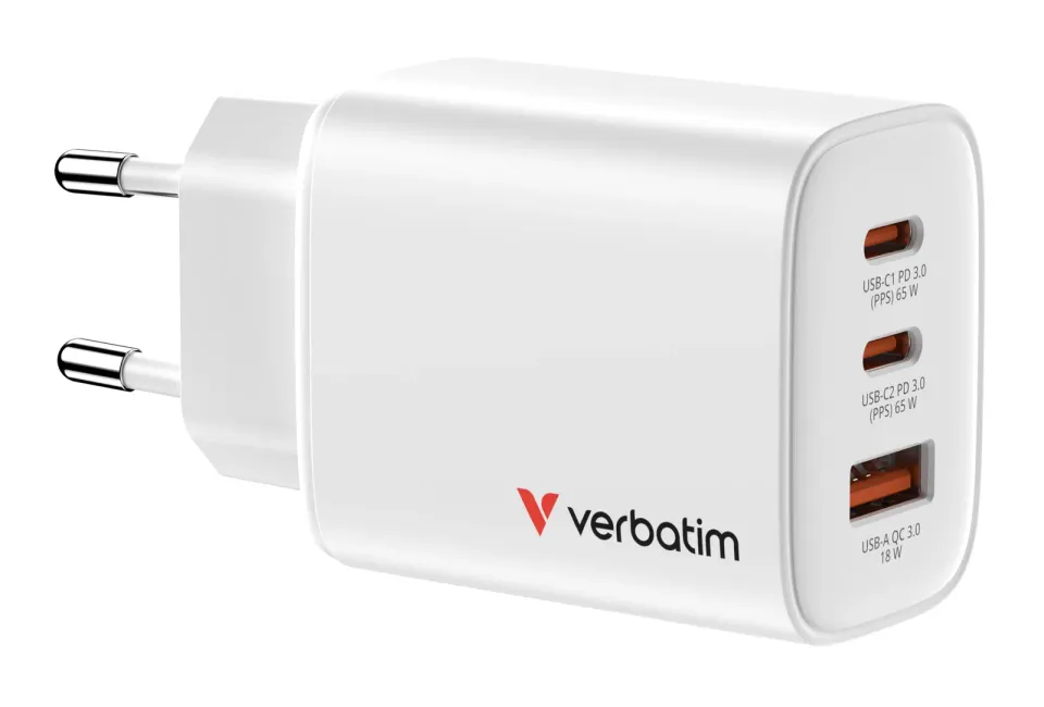 VERBATIM GaN Nabíječka Essentials 65W, 2xUSB-C, 1xUSB-A, bílá