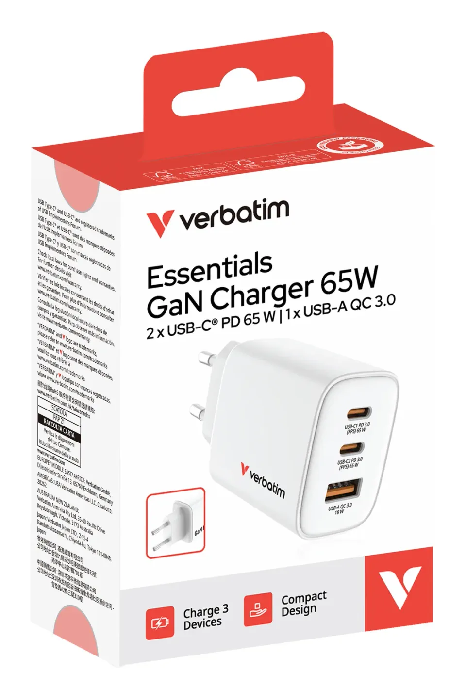 VERBATIM GaN Nabíječka Essentials 65W, 2xUSB-C, 1xUSB-A, bílá