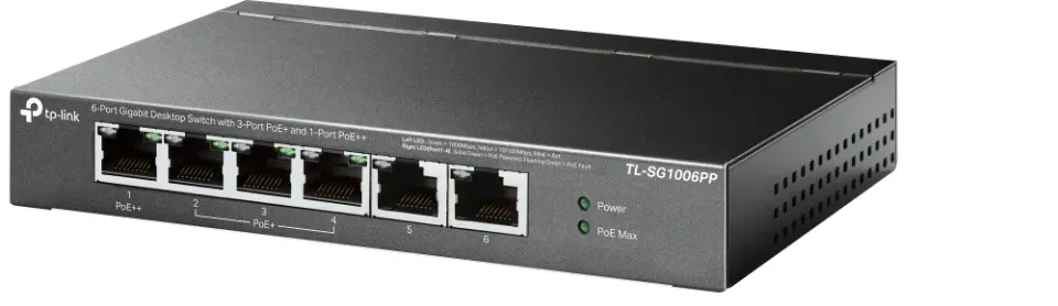 TP-Link CCTV switch TL-SG1006PP (6xGbE, 3xPoE+,1xPoE++, 64W, fanless)