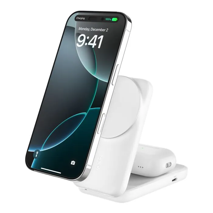 Belkin UltraCharge Qi2 25W 2v1 Magnetická skládací nabíječka pro iPhone/AirPods, (WIZ038kqWH)