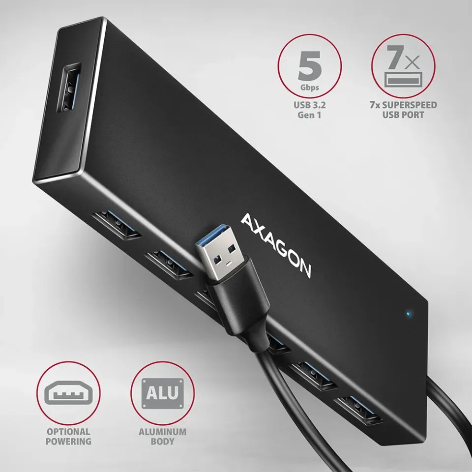AXAGON HUE-F7A, 7x USB 3.2 Gen 1 ALU FLAT CHARGING hub, micro USB napájecí konek