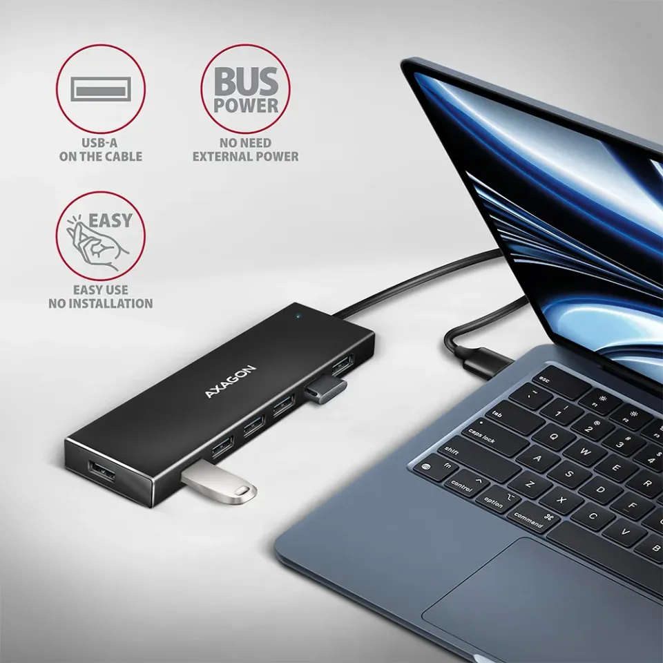 AXAGON HUE-F7A, 7x USB 3.2 Gen 1 ALU FLAT CHARGING hub, micro USB napájecí konek