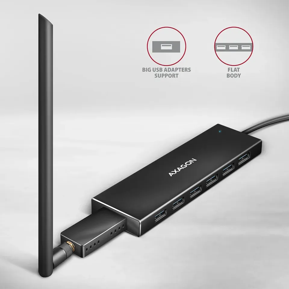 AXAGON HUE-F7A, 7x USB 3.2 Gen 1 ALU FLAT CHARGING hub, micro USB napájecí konek