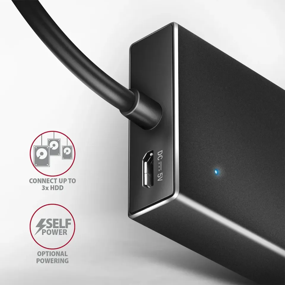 AXAGON HUE-F7A, 7x USB 3.2 Gen 1 ALU FLAT CHARGING hub, micro USB napájecí konek
