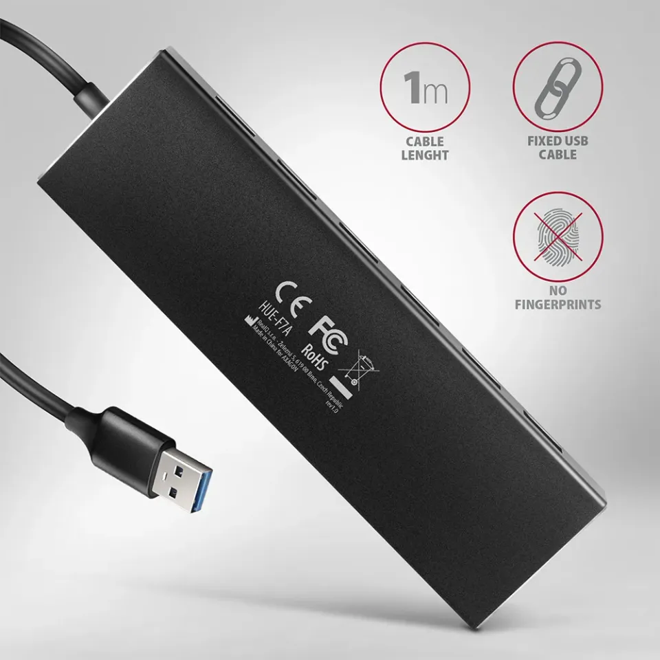 AXAGON HUE-F7A, 7x USB 3.2 Gen 1 ALU FLAT CHARGING hub, micro USB napájecí konek