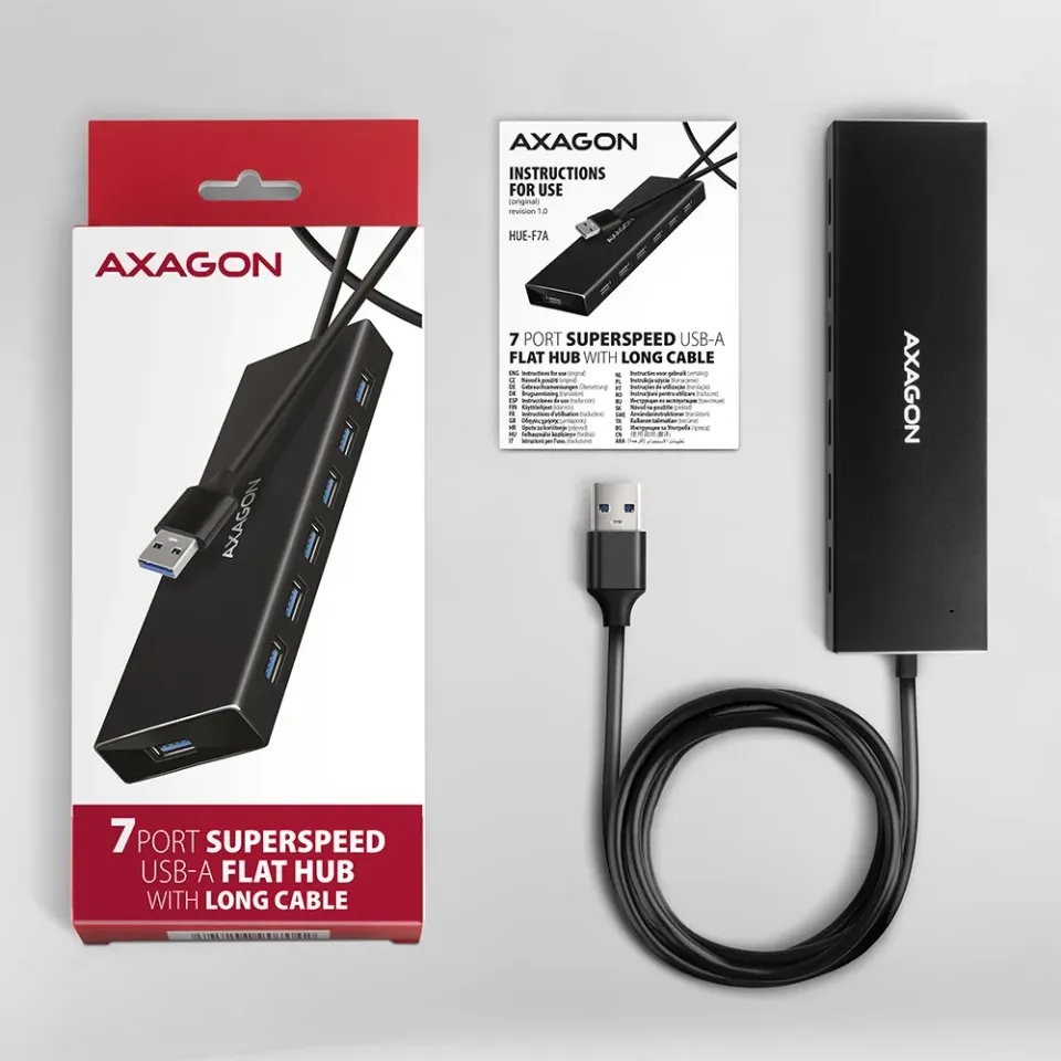 AXAGON HUE-F7A, 7x USB 3.2 Gen 1 ALU FLAT CHARGING hub, micro USB napájecí konek