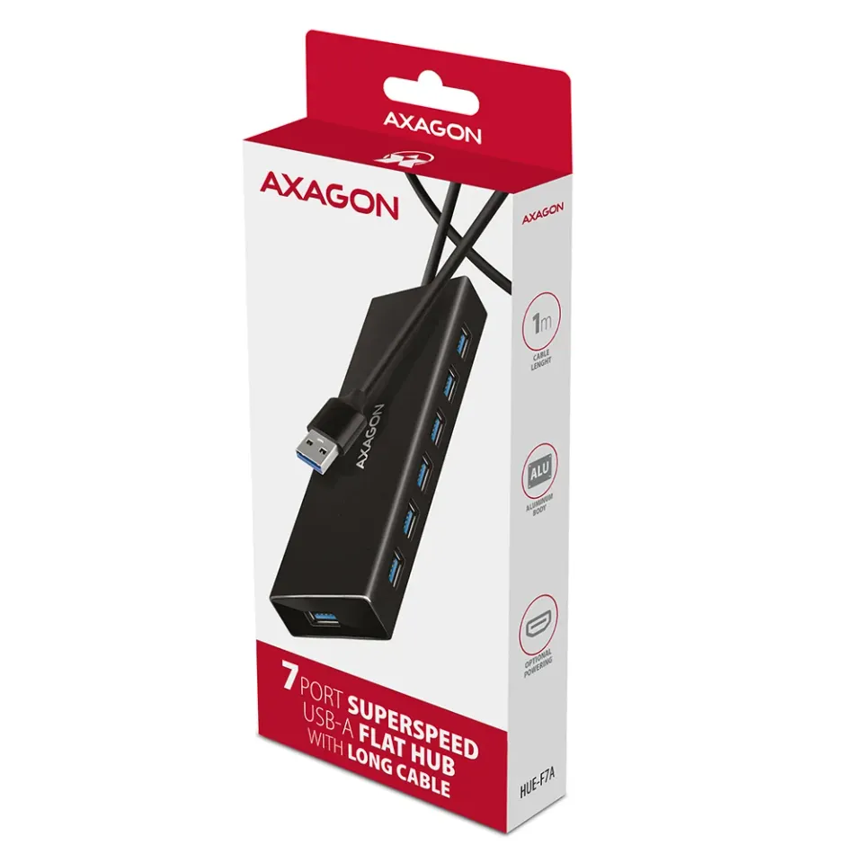 AXAGON HUE-F7A, 7x USB 3.2 Gen 1 ALU FLAT CHARGING hub, micro USB napájecí konek