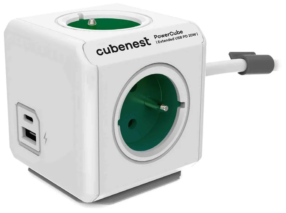 Cubenest Powercube Extended USB PD 20W, A+C, 4× zásuvka, 1,5m, bílá/zelená, dětská pojistka, uzemnění, dok, 10A/250V