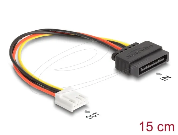 Delock Napájecí kabel SATA, z 15 pinové zástrčky na 1 x 4 pinovou zásuvku disket