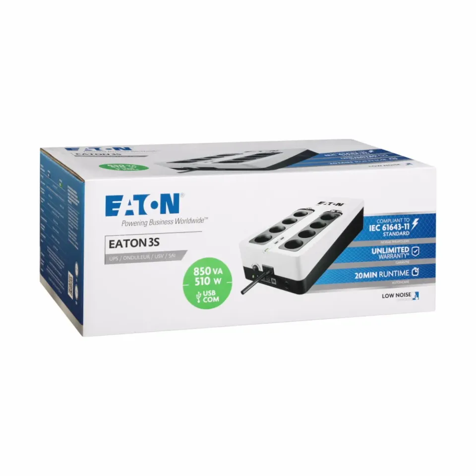 Eaton 3S 850 FR, UPS 850VA / 510W, 8 zásuvek (4 zálohované), USB, 2x USB charge, české zásuvky