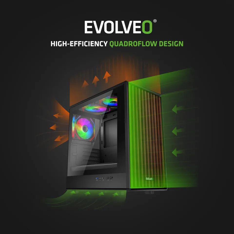 EVOLVEO Panthera, skříň mATX, 3x ARGB ventilátor 120mm, dřevěný přední panel + s