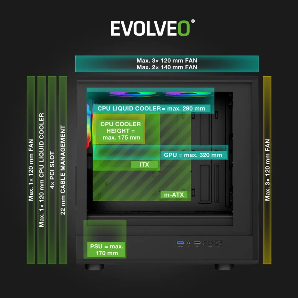 EVOLVEO Panthera, skříň mATX, 3x ARGB ventilátor 120mm, dřevěný přední panel + s