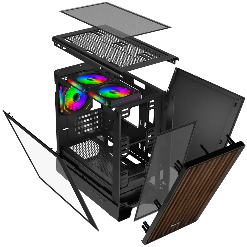 EVOLVEO Panthera, skříň mATX, 3x ARGB ventilátor 120mm, dřevěný přední panel + s